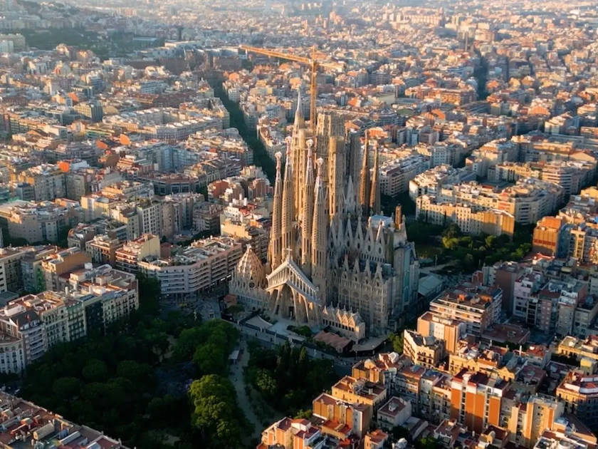 An aerial view of the church of the sagrada familia in barcelona