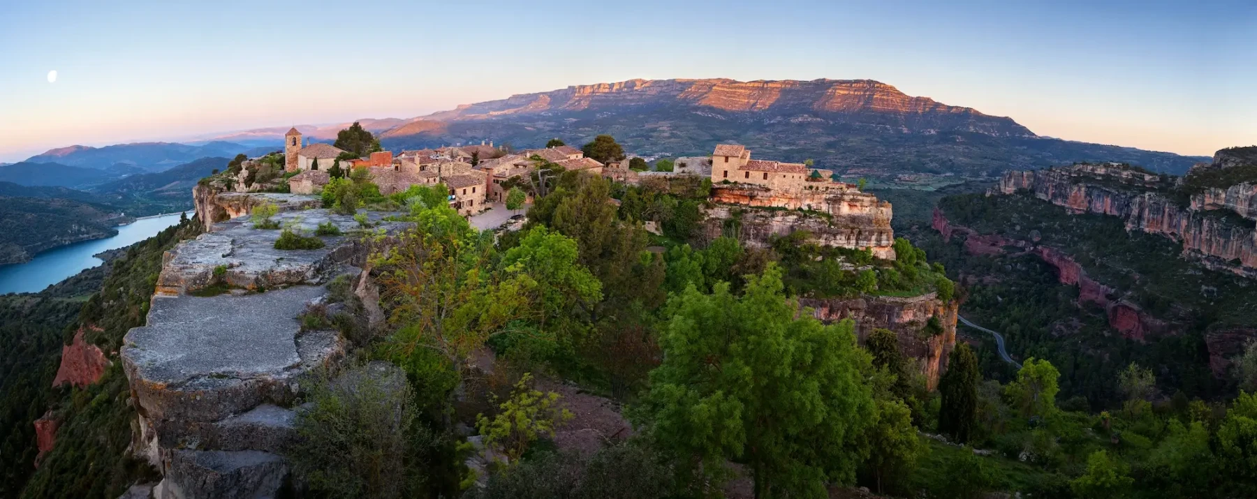 View of a mountain top village in Spain at sunrise