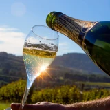 A glass of cava being poured outside with the sun behind it